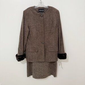 Vintage Sag Harbor 2 Pc Brown Skirt Suit Set Black Faux Fur Cuffs Size 16 NWT